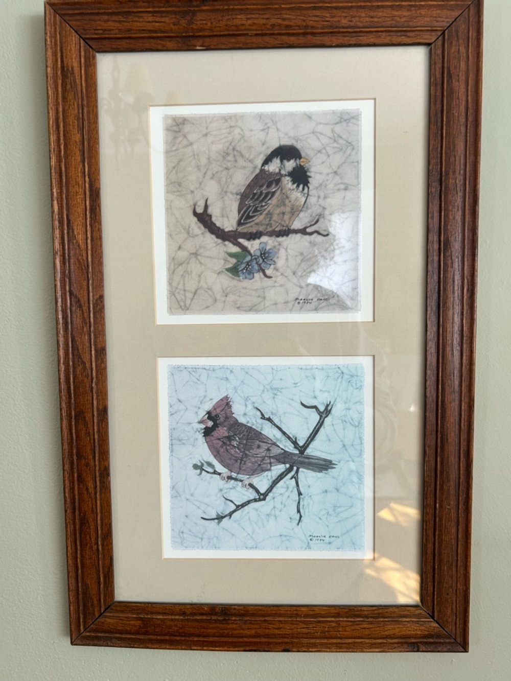 Vintage Bird Art Marnie Dahl Batik Framed Bird Art Print Duo Blue Wood 12x24